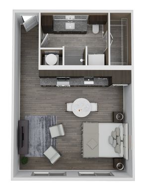 Modern studio apartment floor plan, Unit AE1, showcasing 580 sq. ft. with open living space, sleek kitchen, and stylish bathroom.