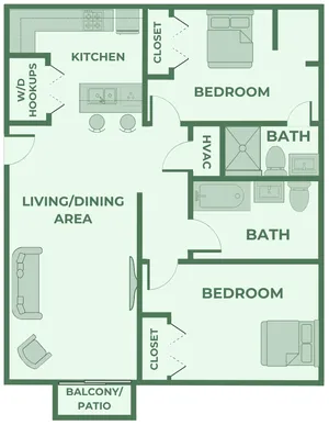2 bedroom, 2 bathroom apartment floor plan at Huntley Ridge in Springfield, MO, showcasing a spacious open-concept living and dining area, private balcony or patio, kitchen with bar seating, and washer/dryer hookups. Each bedroom includes a large closet, and both bathrooms offer convenient access for residents or guests. Perfect for roommates or small families looking for comfort and functionality.