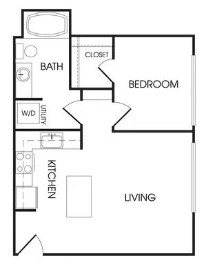 Modern floor plan showcasing a spacious 1-bedroom layout with an open-concept living and kitchen area, featuring a cozy bath and utility space.