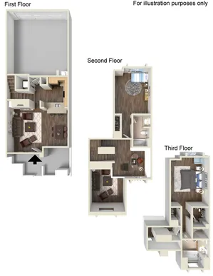 Chic 3D floor plan showcasing a three-story apartment with an open living and dining area on the first floor, cozy bedrooms on the second and third floors, and modern fixtures throughout.