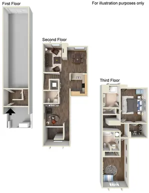 Charming three-level townhouse floor plan showcasing a cozy living area, modern kitchen, and multiple bedrooms, designed for contemporary living.