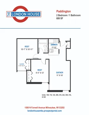 Paddington - 2 Bed / 1 Bath - 688 SF