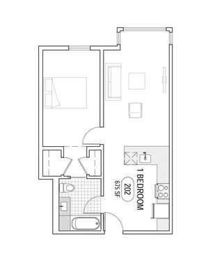 Sleek 1-bedroom floor plan offering open-concept living and kitchen area, ideal for modern living with efficient space use.