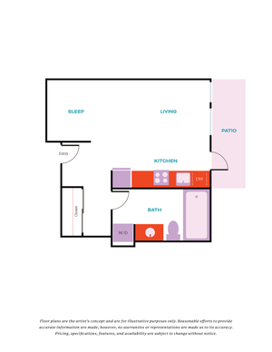 Modern 2D floor plan highlighting an open-concept living area, bedroom, stylish kitchen, bathroom, and private patio.