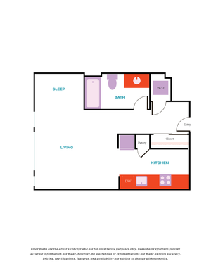 Modern floor plan showcasing 1 bedroom, a sleek bathroom, and an open-concept living area with a well-appointed kitchen.