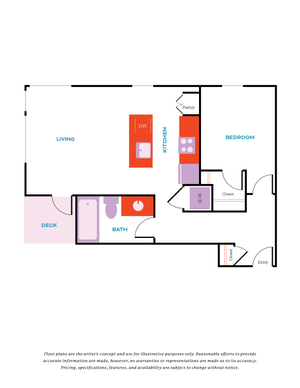 Modern 1-bedroom floor plan with a spacious deck, open-concept living area, efficient kitchen with pantry, and a stylish bath.