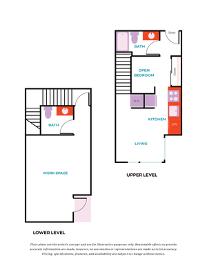 Modern duplex floor plan showcasing upper level with an open bedroom, kitchen, and living area and lower level workspace with a dedicated bath, ideal for creative living.
