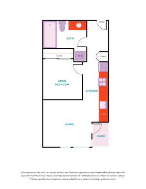 Modern floor plan showcasing an open bedroom, sleek kitchen, and inviting living area with access to a cozy deck.