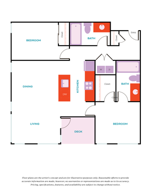 Elegant 2D floor plan showcasing 2 bedrooms, a modern kitchen, cozy living area, dining space, and a charming deck.