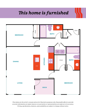 Modern furnished floor plan with 2 bedrooms, spacious living and dining areas, and a well-equipped kitchen.
