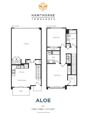 Hawthorne Townhomes Aloe model floor plan with 2 bedrooms, 2 bathrooms, featuring an open kitchen and living area, patio, and garage, spread over 1,121 sq ft.