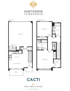 Hawthorne Townhomes floor plan \'Cacti\' showcasing 2 bedrooms and 2 baths with a spacious kitchen, open living and dining area, and a private patio, covering 1,130 sq. ft. of modern design.