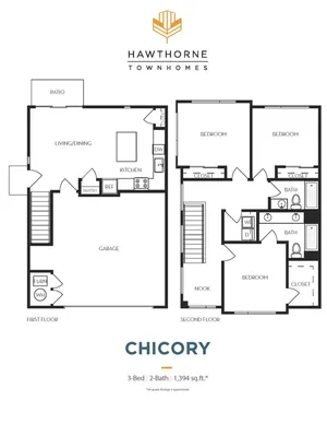 Hawthorne Townhomes Chicory floor plan showcasing a spacious two-story layout with 3 bedrooms, 2 baths, garage, and open-concept living/dining area leading to a patio, totaling 1,394 sq ft.