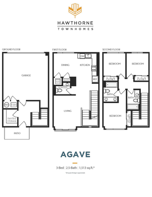 Elegant Hawthorne Townhomes Agave floor plan showcasing 3 bedrooms and 2.5 bathrooms, complete with a garage, modern kitchen, and inviting living spaces across 1,513 sq ft.