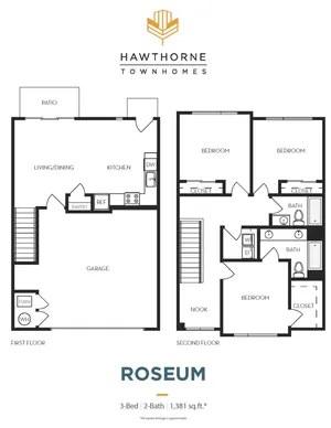 Hawthorne Townhomes floor plan for Roseum model, featuring 3 bedrooms, 2 bathrooms, spacious living/dining area, modern kitchen, and garage, 1,381 sq ft.