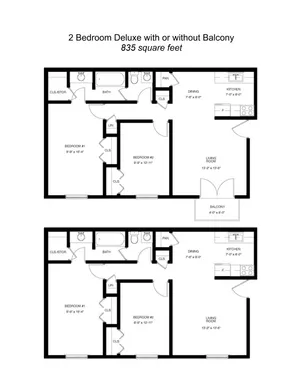 2 Bedroom Deluxe floor plan featuring a spacious living room, dining area, modern kitchen, and optional balcony, 835 square feet.