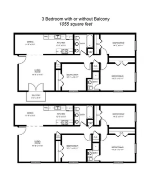 Versatile floor plan showcasing a 3-bedroom layout with optional balcony, spacious living room, modern kitchen, and two bathrooms, encompassing 1055 square feet.
