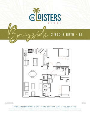 Bayside floor plan of The Cloisters Miami featuring 2 bedrooms, 2 bathrooms, modern kitchen, and inviting living area.