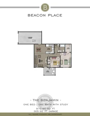 Beacon Place\'s \'The Benjamin\' floor plan highlighting one bedroom, one bath with a study, and a spacious living area. Includes 910 sq. ft. of indoor luxury and a 305 sq. ft. garage, designed for modern comfort.