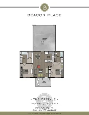 Beacon Place Carlyle floor plan showcasing 2 bedrooms, 2 bathrooms, stylish living room, modern kitchen, and 2-car garage, totaling 959 sq ft.