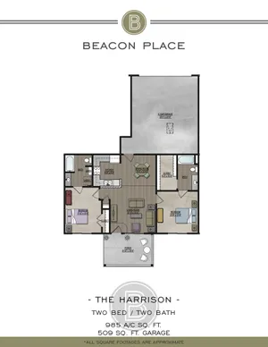 Beacon Place floor plan showcasing The Harrison, a modern 2 bedroom, 2 bathroom layout with an open living area, spacious kitchen, porch, and a 2 car garage, totaling 985 A/C square feet.