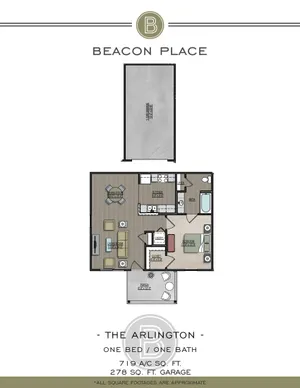 Beacon Place floor plan of The Arlington showcasing 1 bedroom, 1 bath, spacious living space, modern kitchen, cozy porch, 719 sq ft with additional 278 sq ft garage.