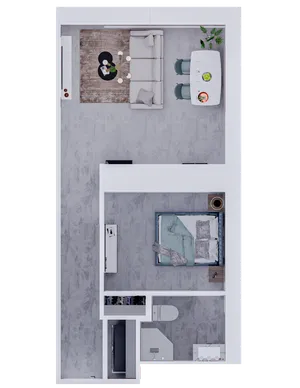 Inviting floor plan showcasing a modern one-bedroom apartment with an open-concept living and dining area, chic kitchen, and a sleek bathroom.