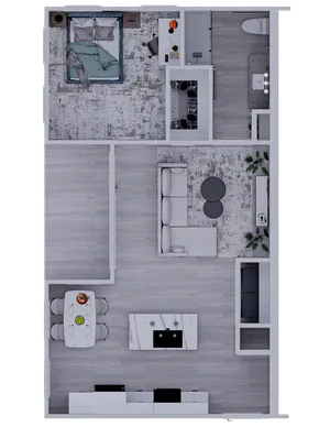 Modern apartment floor plan showcasing a spacious one-bedroom design with a sleek open-concept living room, a contemporary kitchen with island, and elegant dining area.
