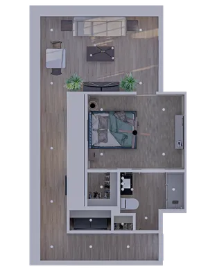 Modern floor plan displaying a cozy bedroom, stylish bathroom, and inviting living area with sleek wooden flooring and contemporary furniture.
