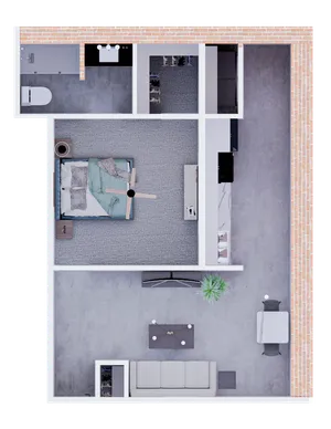 Modern 1-bedroom floor plan with open-concept living area, sleek kitchen, and stylish bathroom, featuring tasteful decor and efficient use of space.