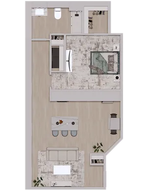 Modern floor plan featuring an open-concept living and dining area, spacious bedroom, and sleek bathroom, perfect for contemporary living.