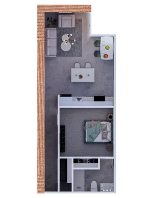 Chic open-concept apartment floor plan showcasing a cozy bedroom, modern living area, and elegant dining space, perfect for urban living.