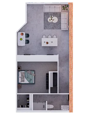 Modern 1-bedroom apartment floor plan with open-concept living and dining area, kitchen island, and cozy bedroom retreat.