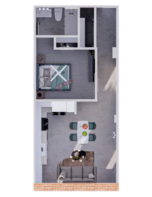 Contemporary 1-bedroom floor plan with sleek bathroom, open kitchen, and cozy living area featuring stylish dining space.