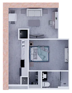 Modern open-concept floor plan with a stylish living room, cozy bedroom, fully equipped kitchen, and a sleek bathroom, enhanced with brick wall accents.