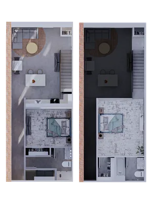 Modern two-level apartment floor plan highlighting a cozy living area, stylish kitchen, and comfortable bedroom layout with a bathroom, perfect for contemporary urban living.