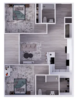 Contemporary 2D floor plan showcasing two spacious bedrooms, open-plan living room, modern kitchen with island, and two stylish bathrooms.