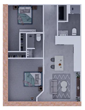 Modern apartment floor plan featuring 2 cozy bedrooms, a sleek bathroom, an open-concept living and dining area, and a compact, stylish kitchen design. Perfect for contemporary living.