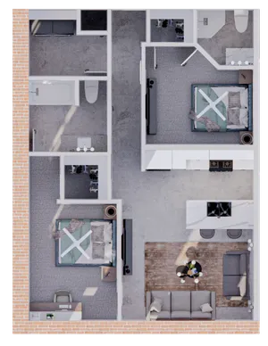 Modern apartment floor plan showcasing 2 cozy bedrooms, stylish open kitchen, inviting living area, and 2 sleek bathrooms.
