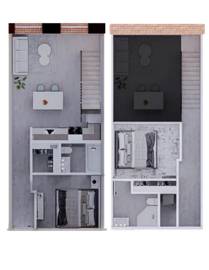 Modern two-level floor plan showcasing an open-concept living room and dining area, complemented by a sleek kitchen, and featuring two cozy bedrooms with en-suite bathrooms.