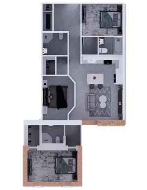 Modern floor plan showcasing 3 spacious bedrooms, stylish open living area, and a sleek kitchen with elegant design touches.