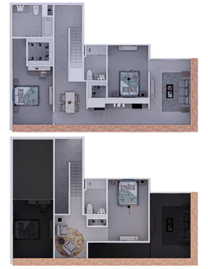 Elegant duplex floor plan showcasing 3 bedrooms and 2 bathrooms with a cozy living area and modern kitchen, featuring stylish brick accents.