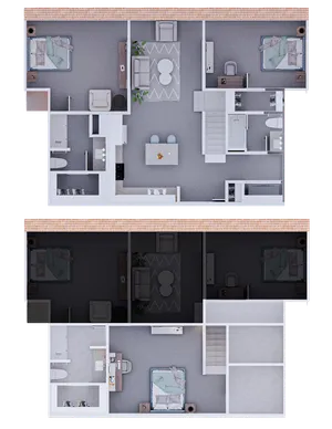Elegant dual-level floor plan showcasing 3 bedrooms, 2 modern bathrooms, a cozy living area, and a stylish kitchen with an island.
