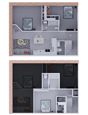 Contemporary floor plan featuring two cozy bedrooms, a stylish open-concept living and dining area, modern kitchen, and elegant bathrooms, showcasing a fresh and inviting layout.