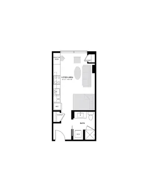 Modern studio apartment floor plan with an open-concept living area, built-in desk, compact kitchen, and cozy bedroom space.