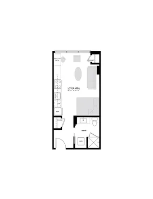 Modern studio apartment floor plan with open living area, built-in desk, cozy bedroom, and convenient in-unit laundry.