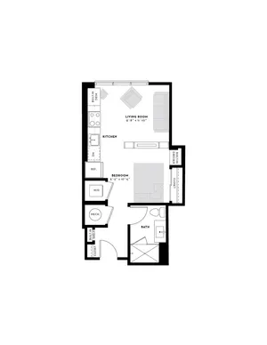 Contemporary one-bedroom apartment floor plan featuring a cozy living area, modern kitchen, and elegant bathroom. Ideal layout maximizing functionality and comfort.