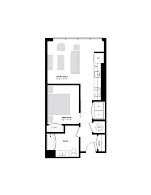 Modern 1-bedroom apartment floor plan featuring a spacious living area, well-equipped kitchen, and elegant bath, designed for comfort and style.