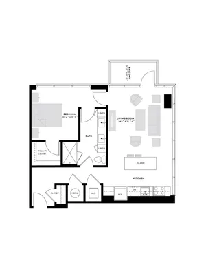 Elegant floor plan showcasing 1 bedroom, a spacious living room, an open kitchen with island, balcony, and modern amenities.