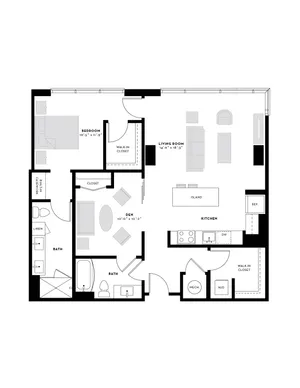 Modern floor plan featuring a spacious living room, contemporary kitchen with island, cozy den, one bedroom with walk-in closet, and two well-appointed bathrooms.